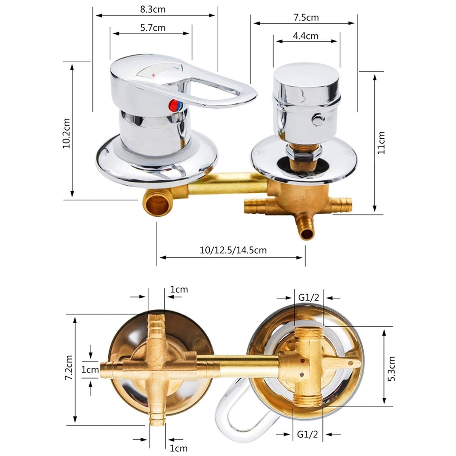 Válvula mezcladora de latón para ducha con doble control, 3 salidas de 14,5 cm, válvula desviadora de 2/3/4/5 vías