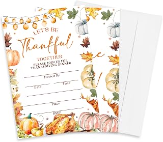 Let's Be Thankful Together - 4'' x 6'' Thanksgiving Dinner Party Invitation - 20 Pumpkins & Turkey Invite Cards With 20 Envelopes - Fall Thanksgiving Party Decor & Supplies For Adults Teens - A08