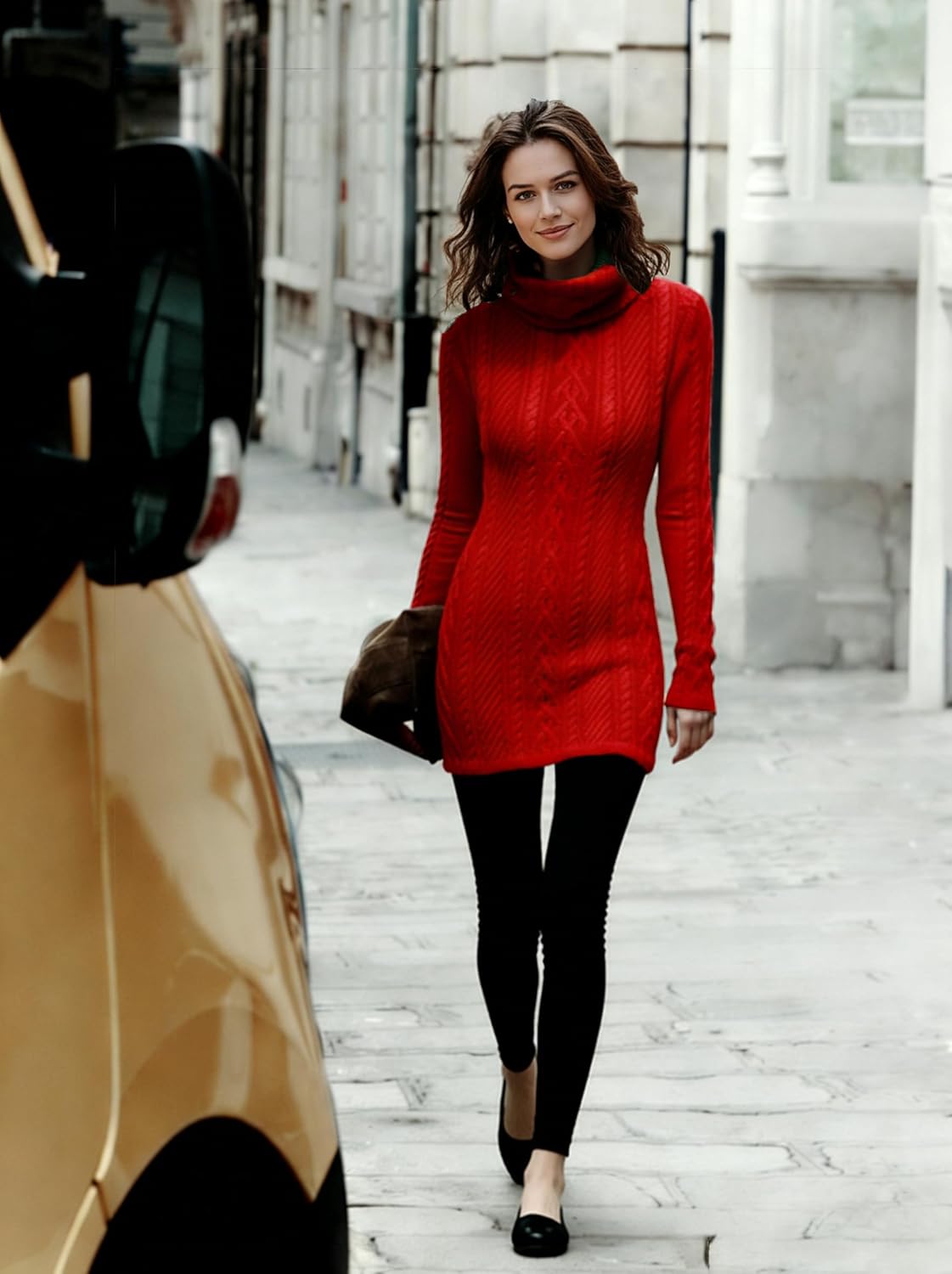 v28 Women Polo Neck Long Slim Fitted Dress Bodycon Turtleneck Cable Knit Sweater - Image 3