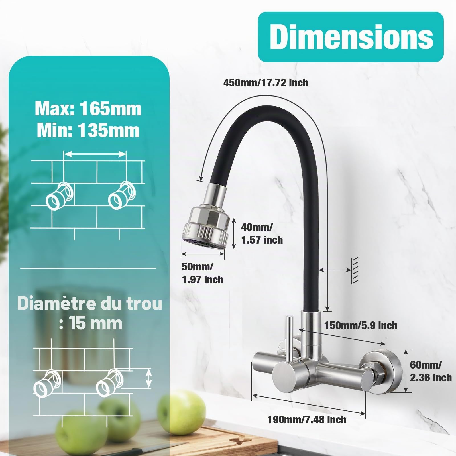 CREA Mural Robinet D'évier de Cuisine 360° Flexible avec Pulvérisateur Quatre Fonction, Mitigeur Monocommande avec Tuyau en Silicone Noir