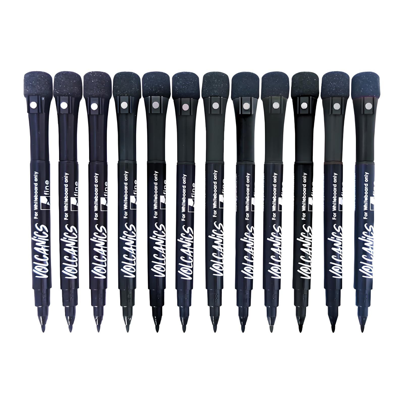 Volcanics 12-Pack Magnetic Whiteboard Pens Black, Bullet Tip, Low Odor Dry Erase Markers with Eraser Caps for Home, Office on Whiteboard and Refrigerator