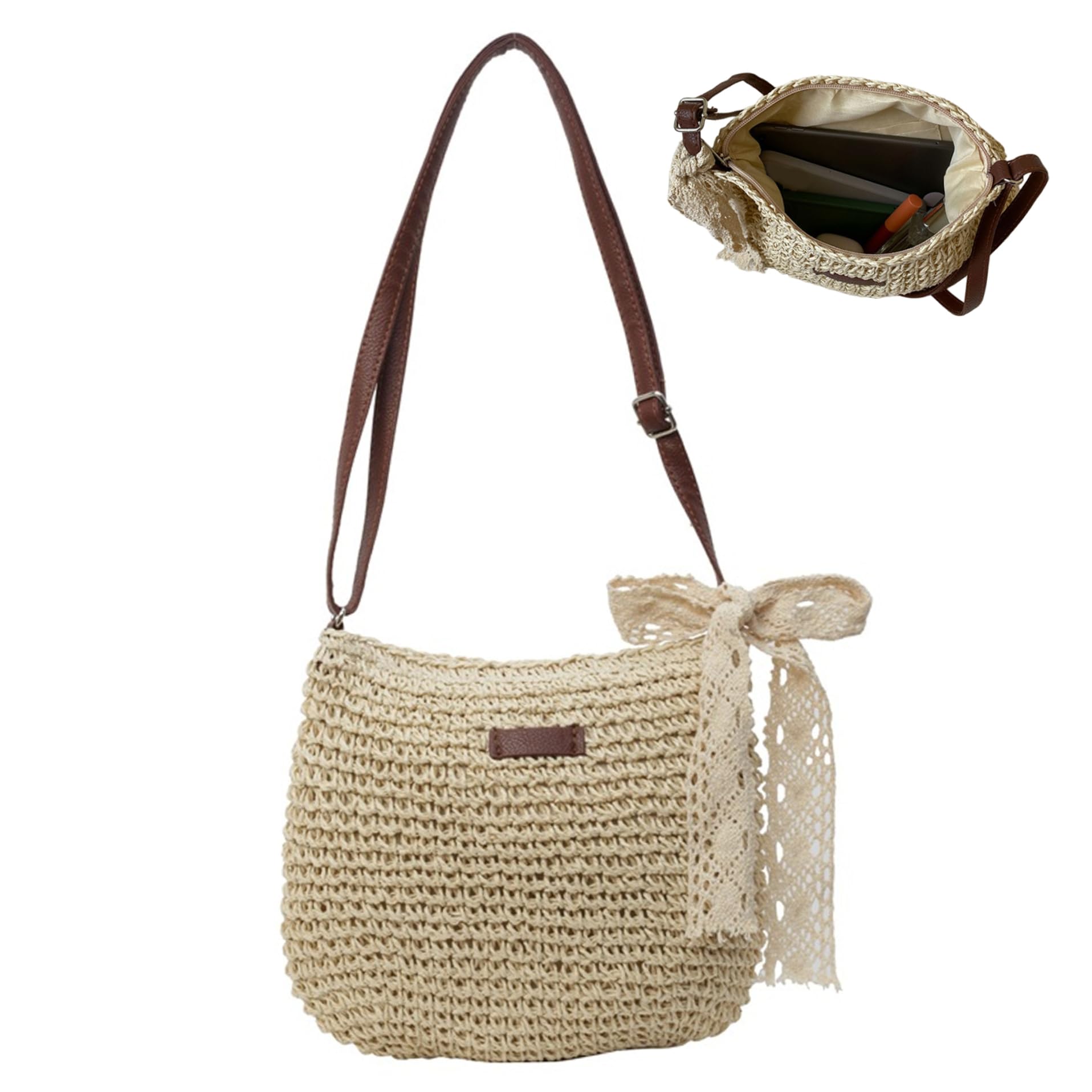 Bolsos de paja bolso de playa de paja para mujer bolso de trenzado de un solo hombro cruzado de gran capacidad para verano con cremallera para viajes de vacaciones color beige.