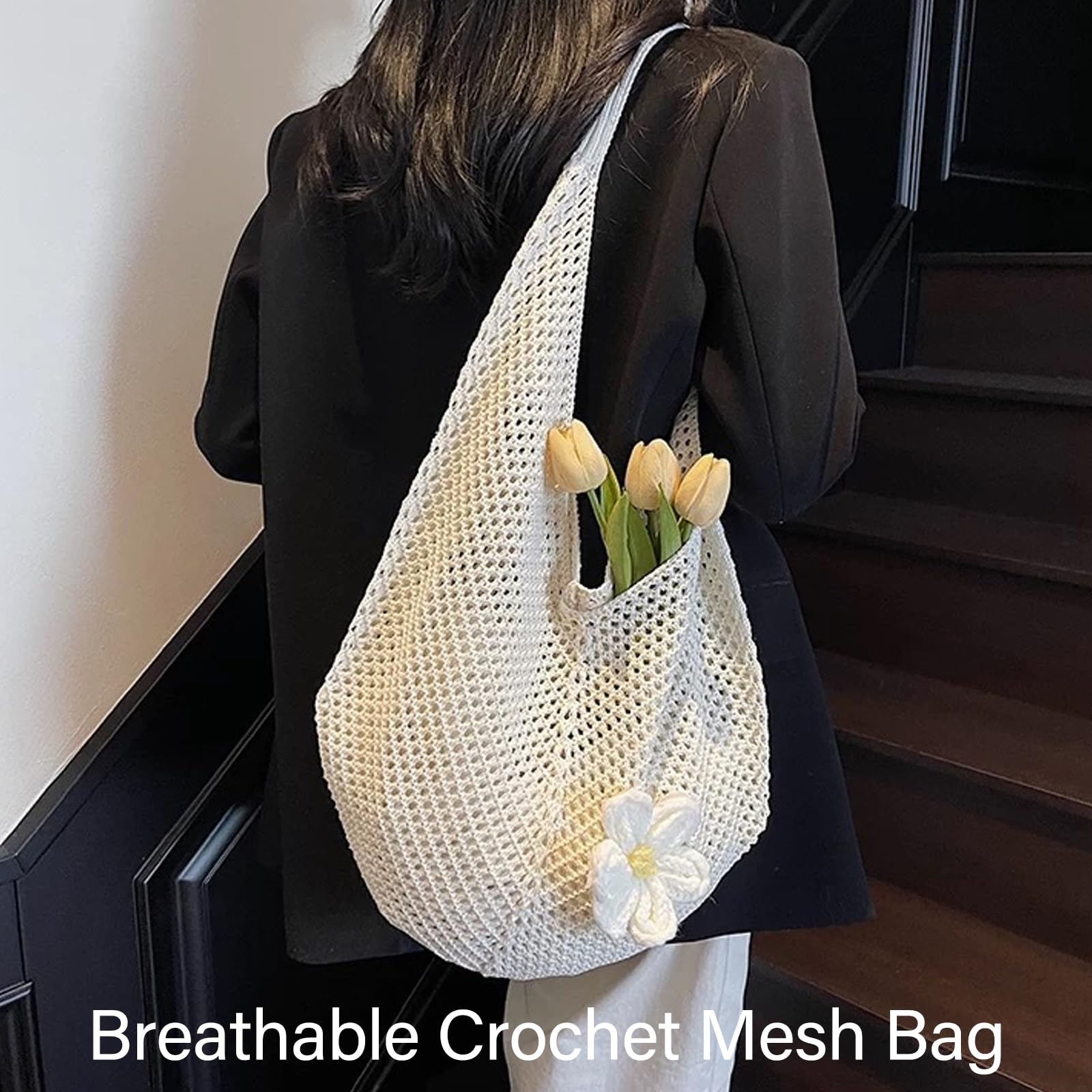 Bolso Ganchillo Mujer con Flores, Bolsa Playa de Malla Transpirable, Bolso Verano Mujer Boho con Gran Capacidad para Compras y Playa