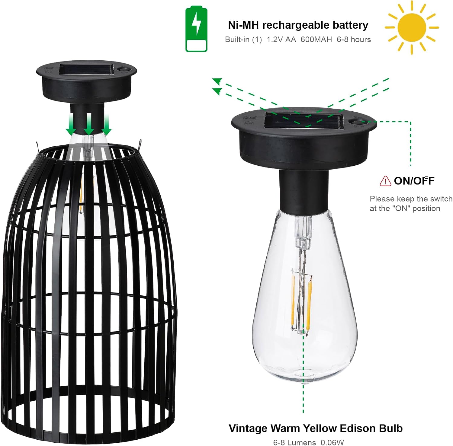 Glitzhome Solar Lantern Outdoor Waterproof Hanging Metal Birdcage Shaped Lantern Decorative Solar Light for Garden Yard Patio Porch(Black)