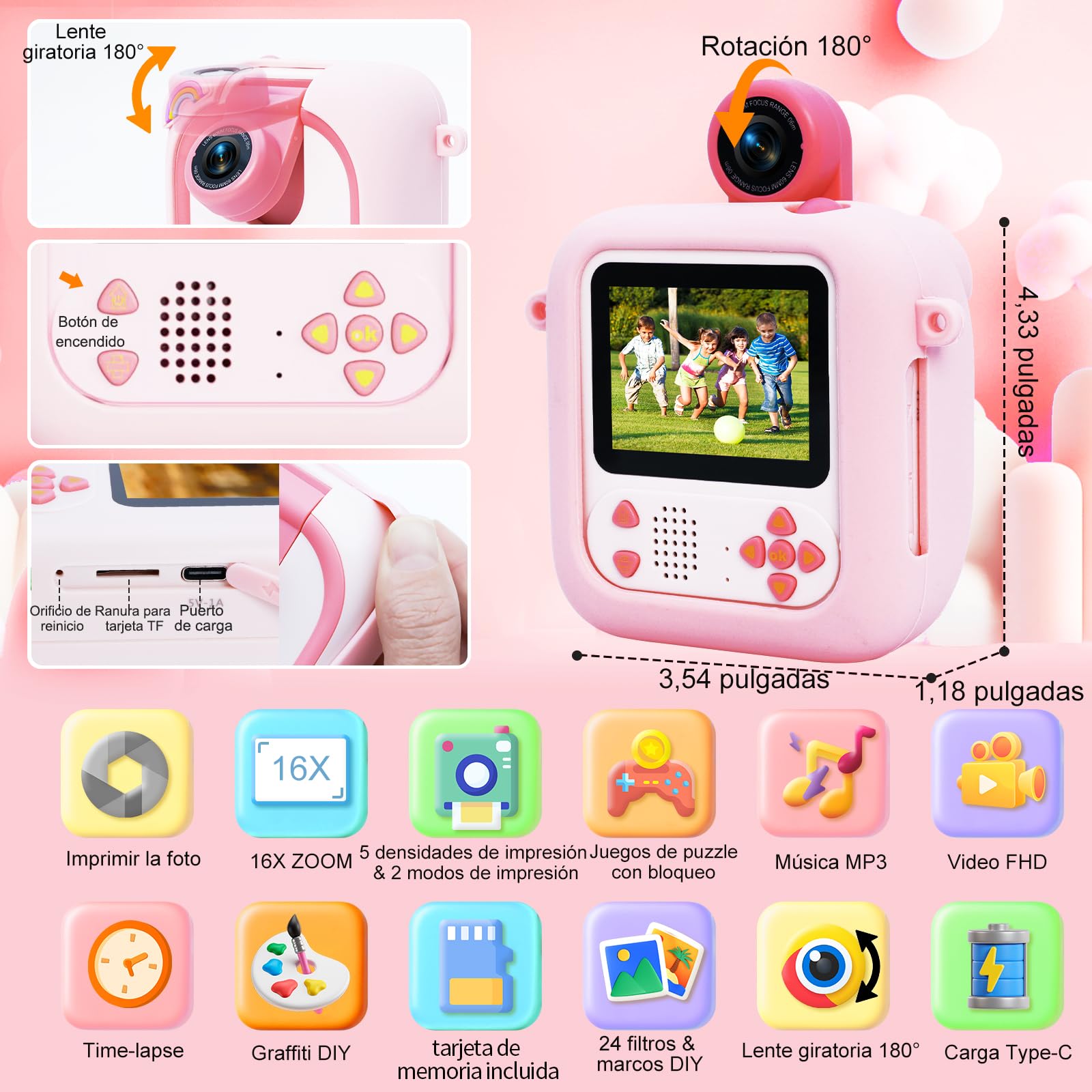 ARNSSIEN Camara Fotos Infantil Instantanea,2.4" Camara Fotos Infantil con 1080P & 180° Lente & 8 GB, Regalo Navidad/Cumpleaños para Niños & Niñas, M2