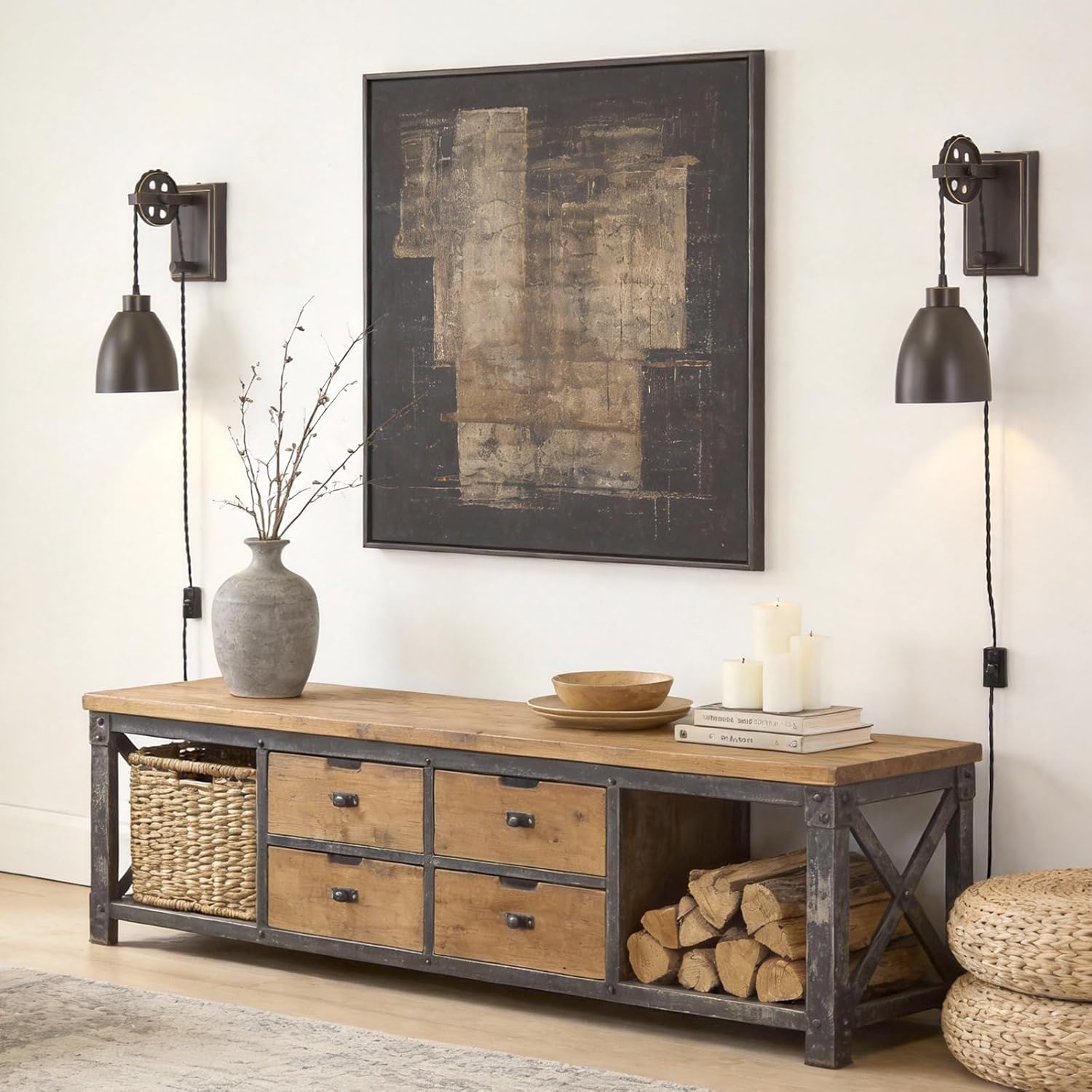 8FT Plug in Wall Sconces Set of 2 Pulley Wall Lamps On/Off Switch Hanging Light Fixture Industrial Wall Lights for Bedroom, Living Room and Hotel, Oil Rubbed Bronze