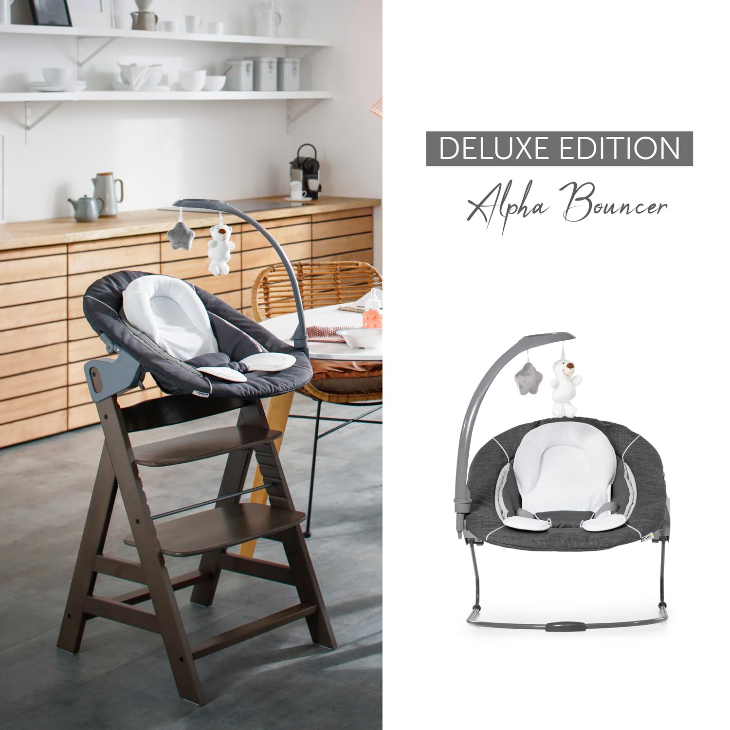 hauck Alpha Bouncer Deluxe 2 en 1 Hamaca Trona Evolutiva, Grey | Compatible con Alpha+ y Beta+, para recién nacidos hasta 9 kg, con arco de juegos, reductor de asiento y función de balanceo