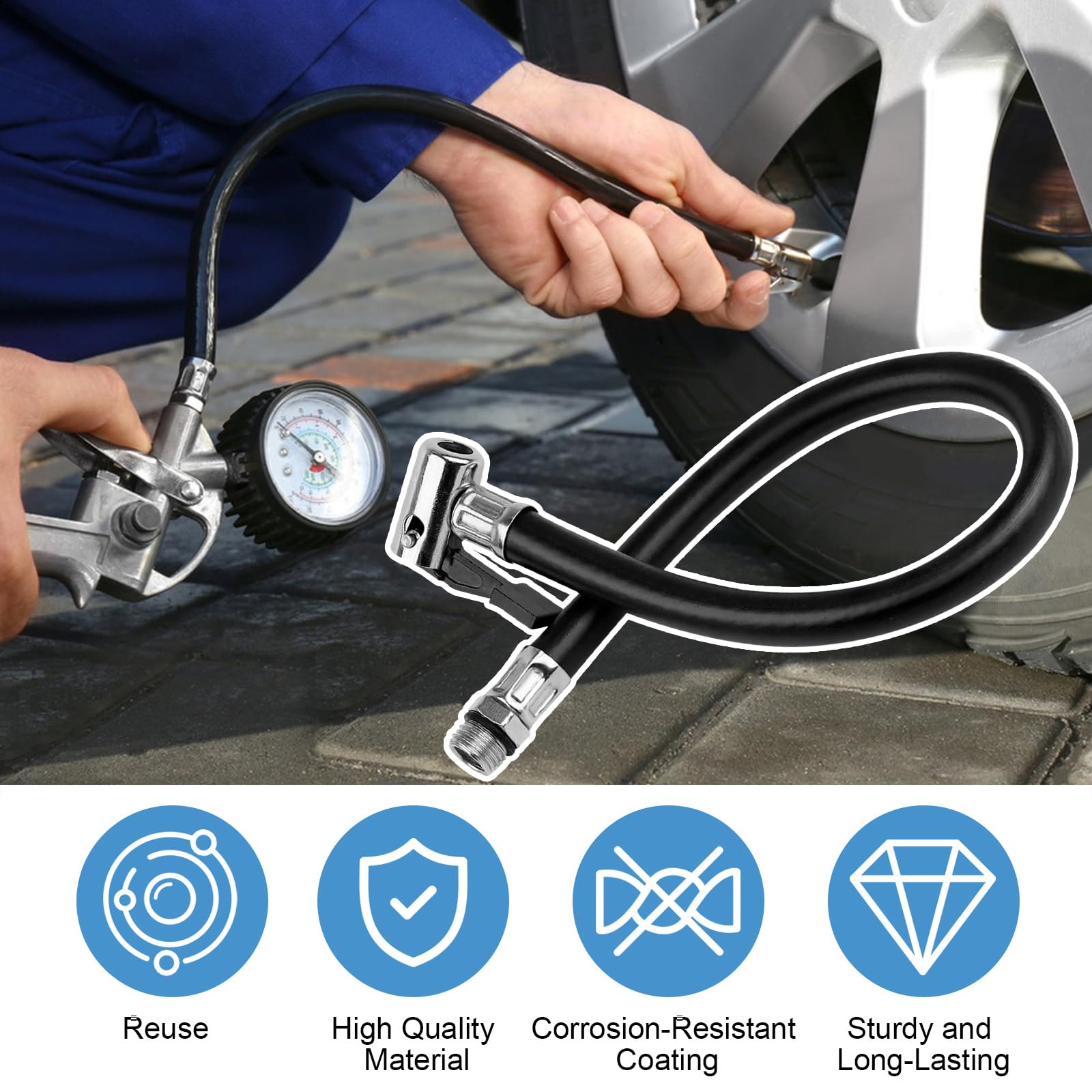 Tuyau De Gonflage Pneus 36 Cm – Extension Flexible Et Universelle Pour Voiture, Moto, Vélo – Adaptateur Robuste En Caoutchouc Noir