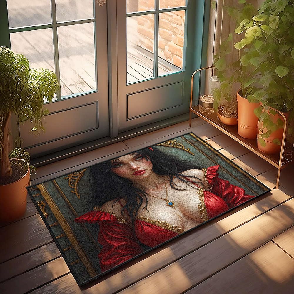 Paillasson personnalisé original avec illustration de robe rouge, le cadeau de crémaillère idéal