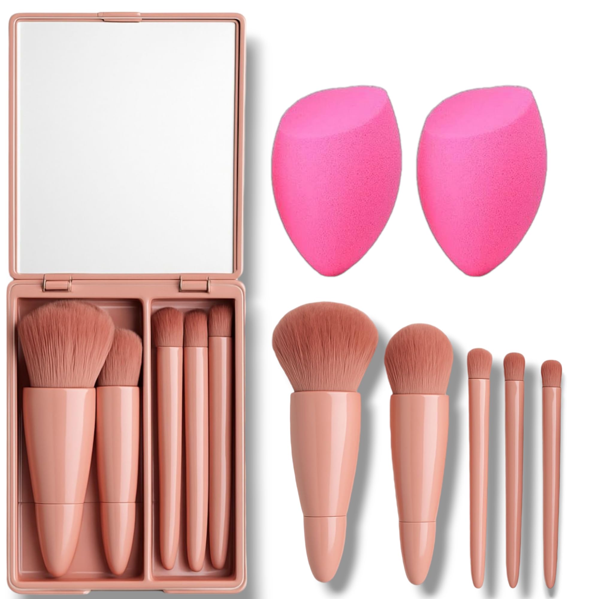LA VENUST Travel Makeup Brush Set 5 Pieces with Mirror & 2 Pink Beauty Blenders - Mini Portable Cosmetic Brushes Kit for Face Eye Foundation , For Eyeshadow And Easy Blending - Compact Beauty Tools ( pack of 7 )-image-13