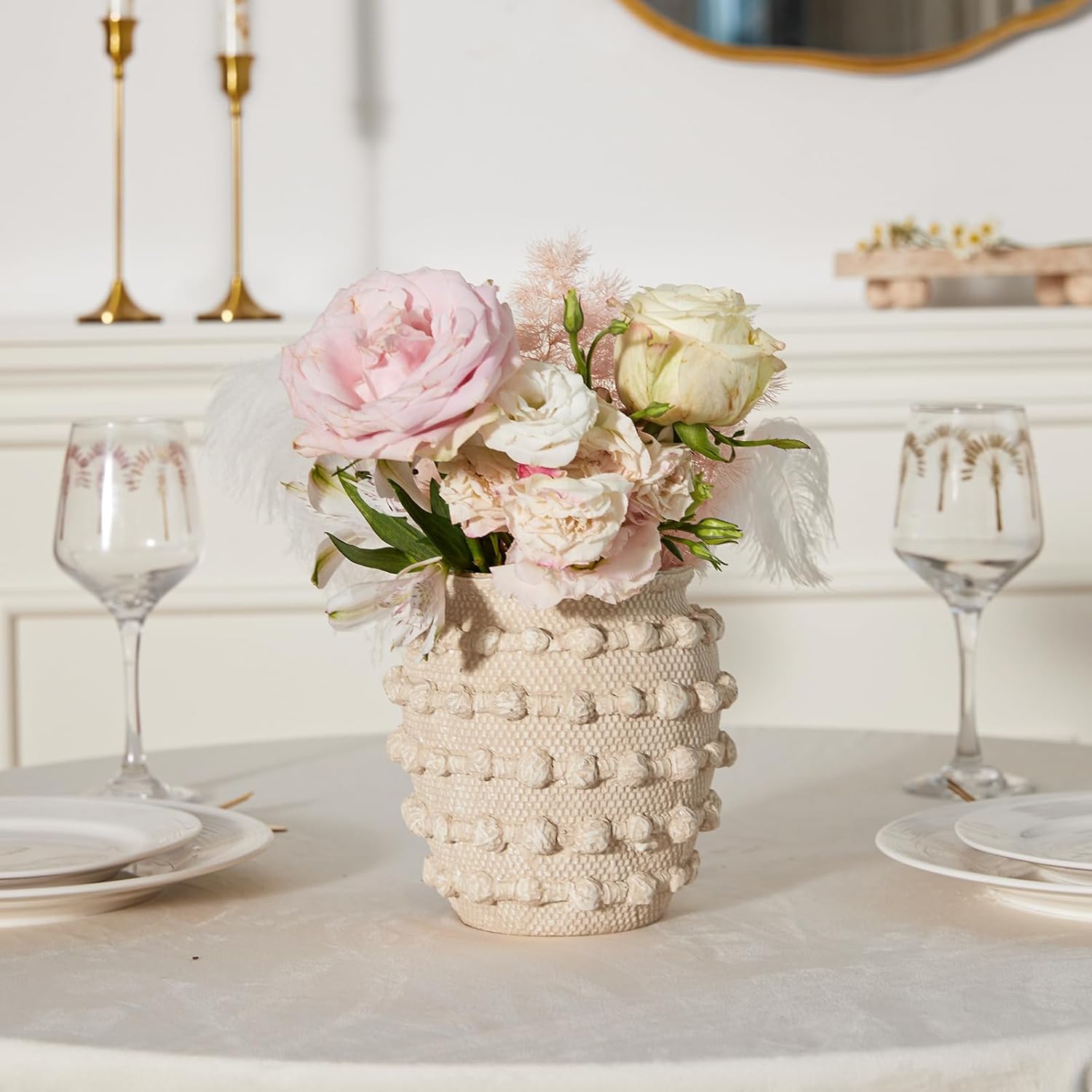 DN DECONATION Beige Rustic Farmhouse Vase, 6.3 Inch Textured Boho Vase for Home Decor, Cement Decorative Flower Vases with Rope Knots for Living Room, Table Centerpiece, Shelf, Mantel Decoration