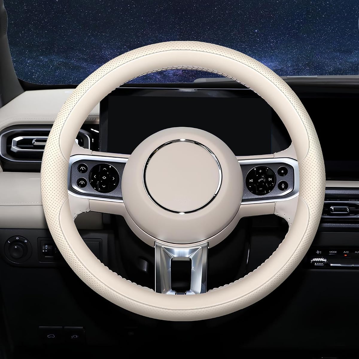 Steering Wheel Cover 14.5"-15", Non-Folding Packaging, Heavy-Duty | Breathable Microfiber Leather, Standard Medium Size 37-39cm, Anti-Slip, Car Auto Interior Accessories, Light Creamy White