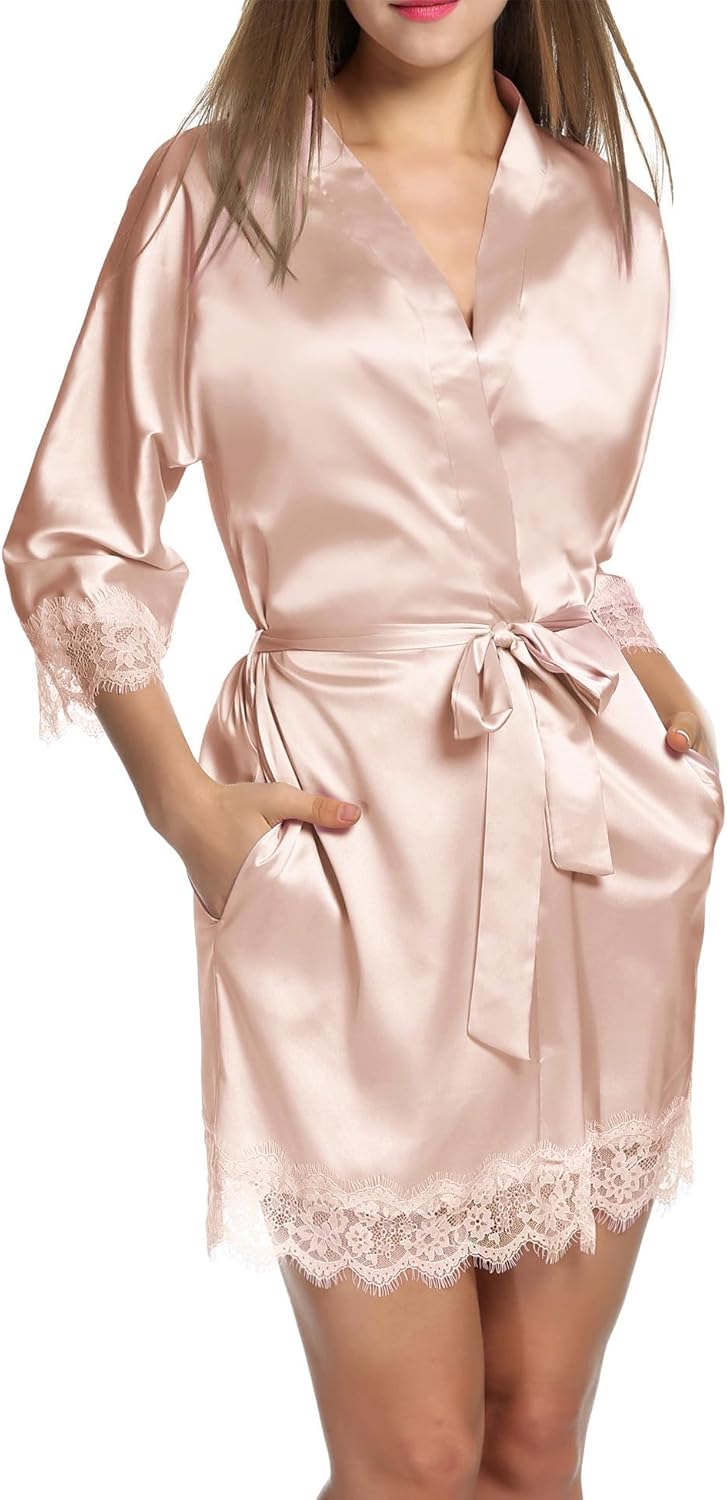 Ekouaer Womens Silk Robe Short Lace Trim Satin Robe 3/4 Sleeve Sexy Kimono Bride Bathrobe Comfy Sleepwear with Pockets - Image 3