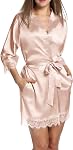 Ekouaer Womens Silk Robe Short Lace Trim Satin Robe 3/4 Sleeve Sexy Kimono Bride Bathrobe Comfy Sleepwear with Pockets