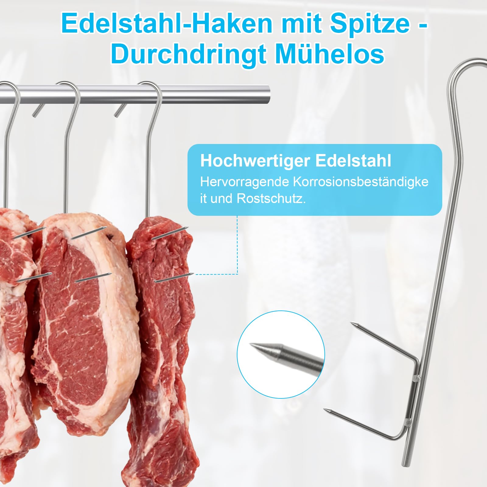 14 Stück Räucherhaken, Fleischerhaken Edelstahl Fleischhaken H-Form 21cm Silver Profi, Groß Fleischerhaken für Fleischverarbeitung Räuchern Fisch Forelle Lachs - 4