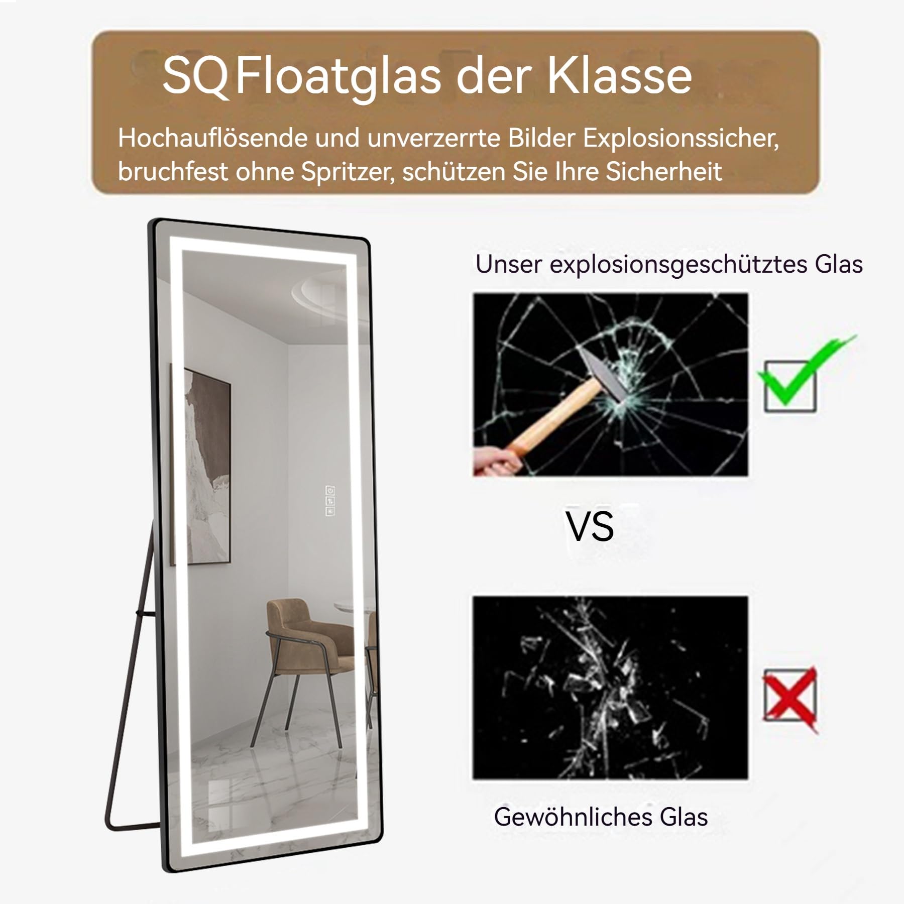 Gecheer Specchio Verticale a Figura Intera, LED dimmerabile 3 Colori 163x54 cm, Lega di Alluminio Nera, Specchio da Terra e da Parete for Bagno e Camera da Letto