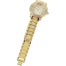 MenS Fashion Wrist Watch with Full Diamond Roman Dial, Gold Stainless Steel Band, Quartz Business Watch for Office and Formal Wear