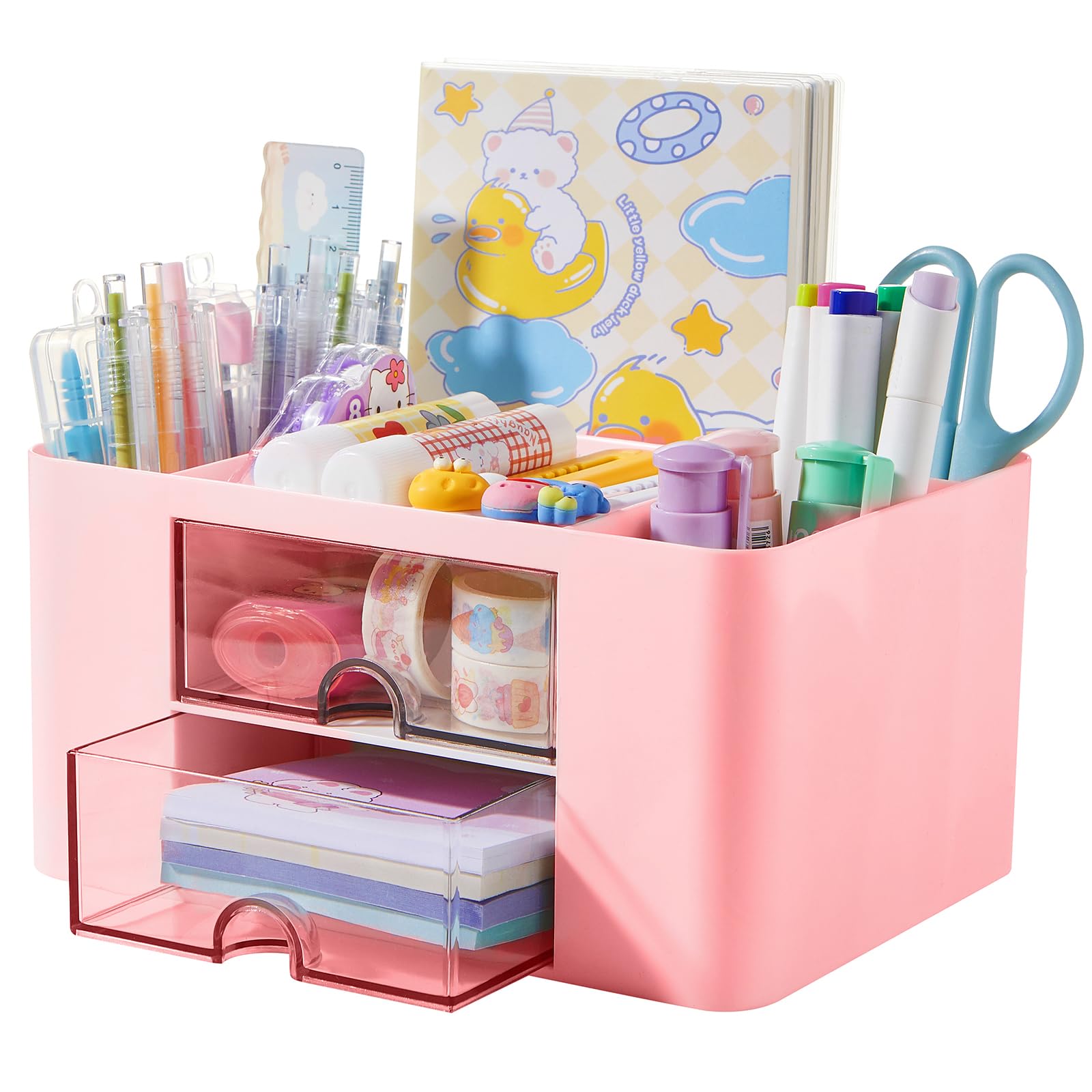 Lolocor Pen Holder with Drawer, Office Desk Pen Organizer Multi-Functional Pencil Cup Makeup Brush Holder Cup Storage Office Business Card Pen Pencil Mobile Phone Stationery Holder Storage Box Pink