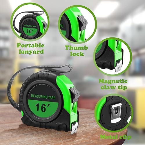 Miniatura 3 de Yunsailing Paquete de 15 cintas métricas retráctiles a granel de 16 pies, medidas pequeñas, fáciles de leer con fracciones de medición de 18 (verde)