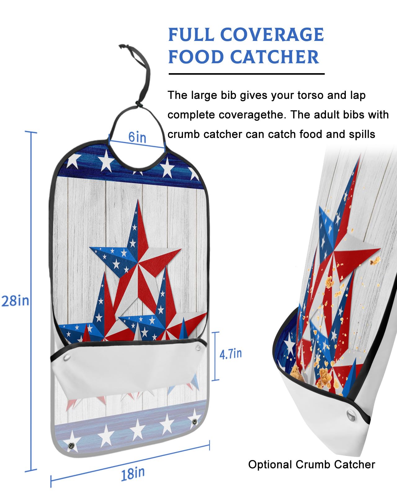 4th of July Adult Bibs for Eating, Waterproof Bibs with Food Catcher & Adjustable Snap Closure, Independence Day American Flag Star Wooden Washable Clothing Protectors Adult Bibs for Elderly Women/Men