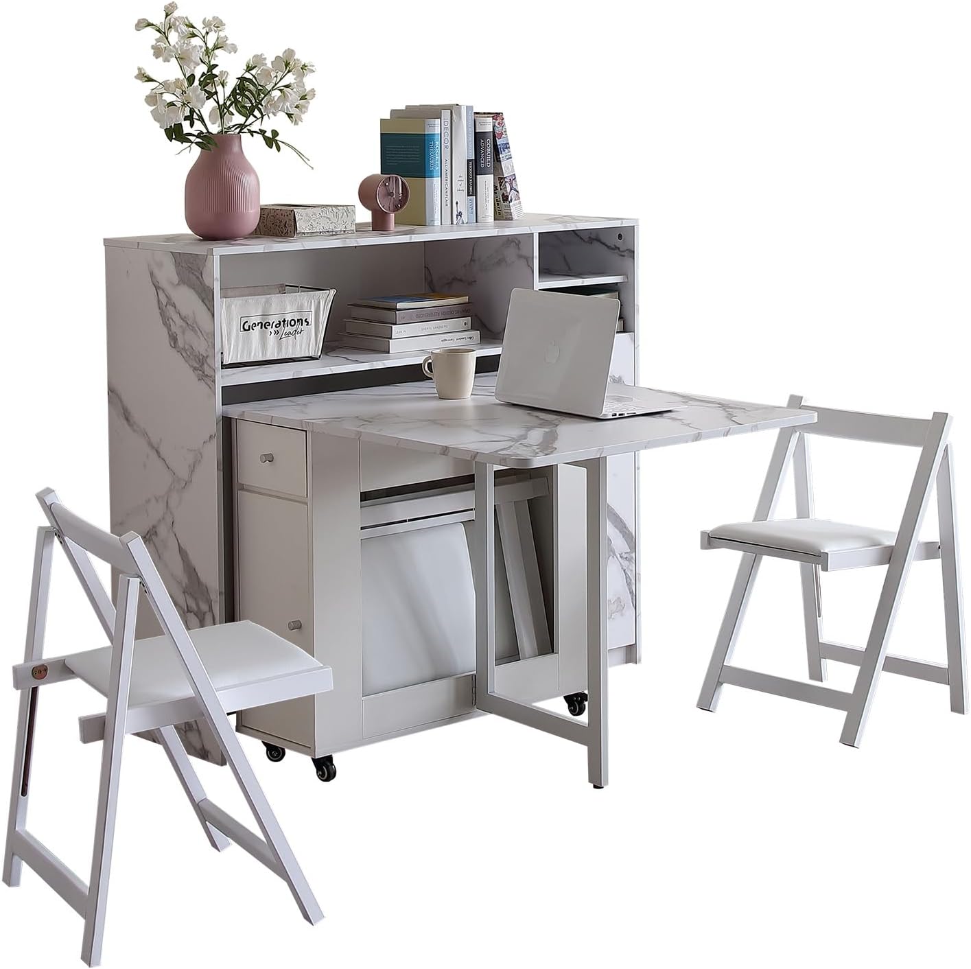 FUNROLUX Folding Dining Table Set, 4-Piece Set, Butterfly Table + 2 Chairs + Cupboard, Extendable, Folding Dining Table, Drawer, Storage, Casters, Compact, Space Saving, White