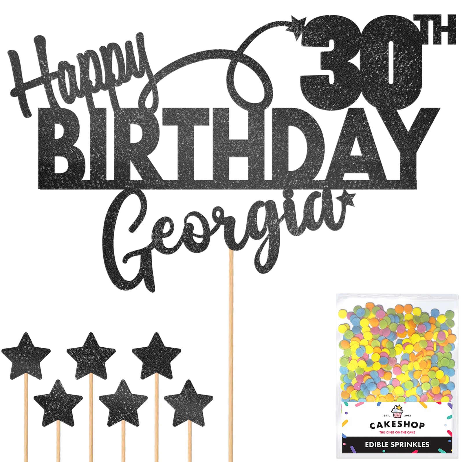 Personalised Happy Birthday Glitter Cake Topper - Black Any Name & Any Age Glitter Cake Decoration and Sprinkles - Happy Birthday Decorations - Personalised Toppers for Cakes by Cakeshop โ image 1