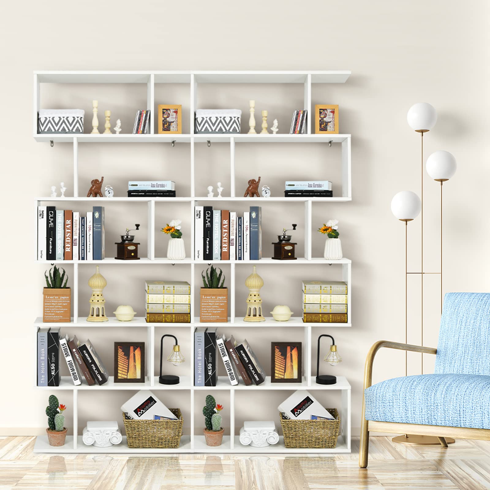 GOPLUS Bücherregal mit 6 Ebenen, Stufenregal aus Holz, Raumteiler Regal mit Kippschutz, Standregal Büroregal für Wohnzimmer, Büro, 80 x 23 x 191cm (Weiß, 6 Ebenen)
