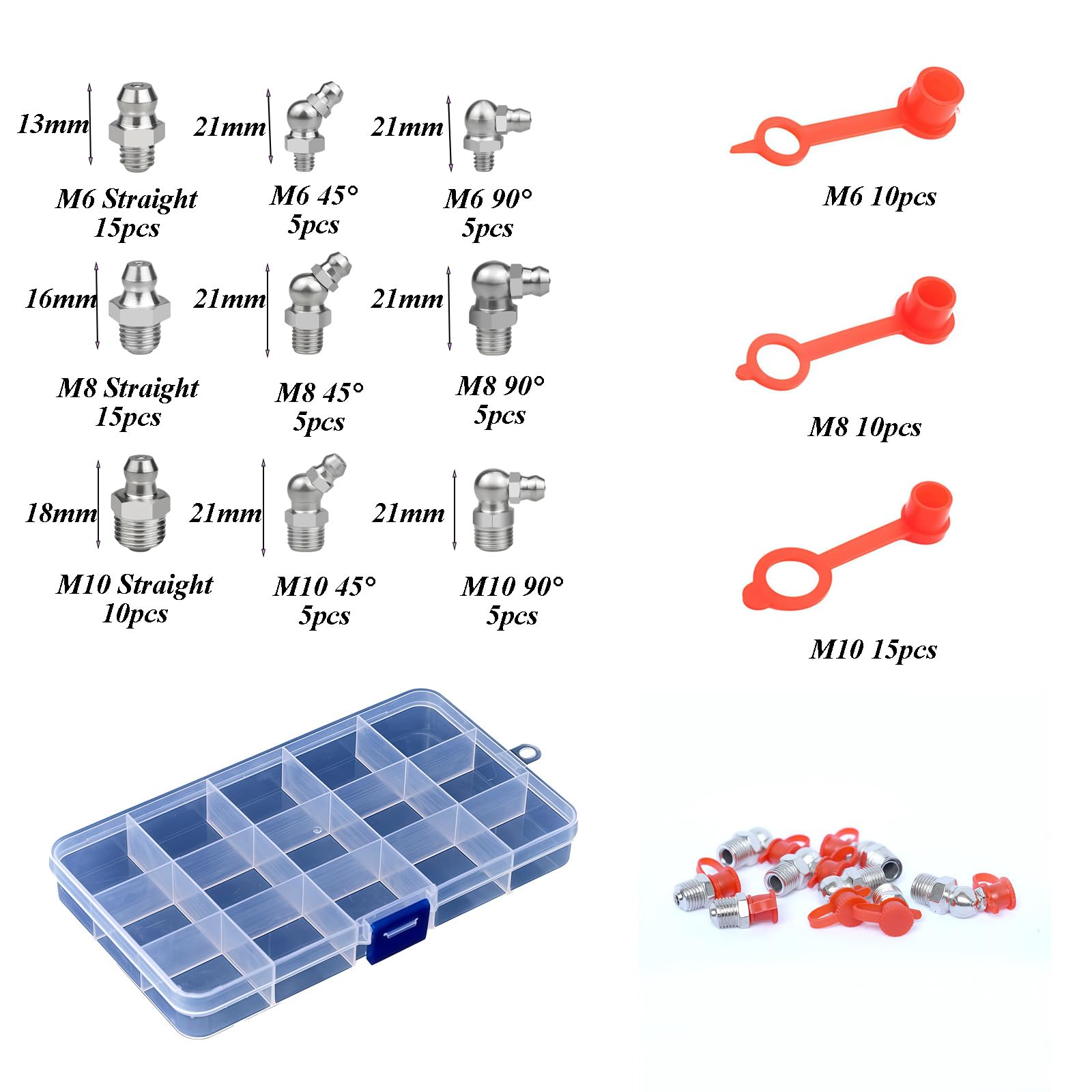 105 Stück Schmirnippelset M6 M8 M10 Gerade Abgewinkelt 45° 90° 180°, Schmiernippel Sortiment Kit, Kit Kegelschmiernippel, Abschmiernippel Kegelnippel, Kegelschmiernippel für Schmierpressen