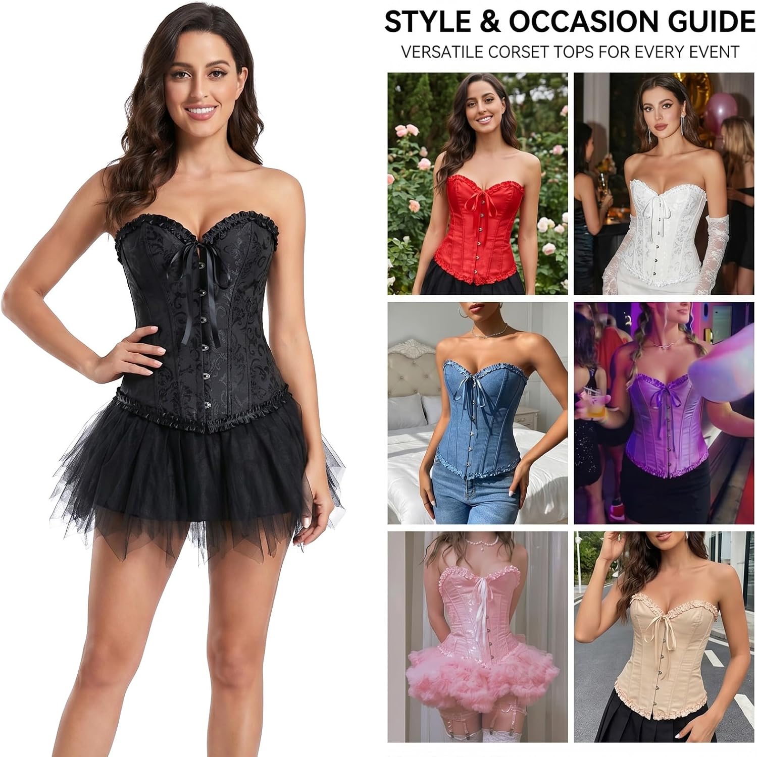 Women’s Renaissance Corset Top Overbust Bustier Lace Up Strapless Steel Boned Shapewear for Cosplay Party Club Costume