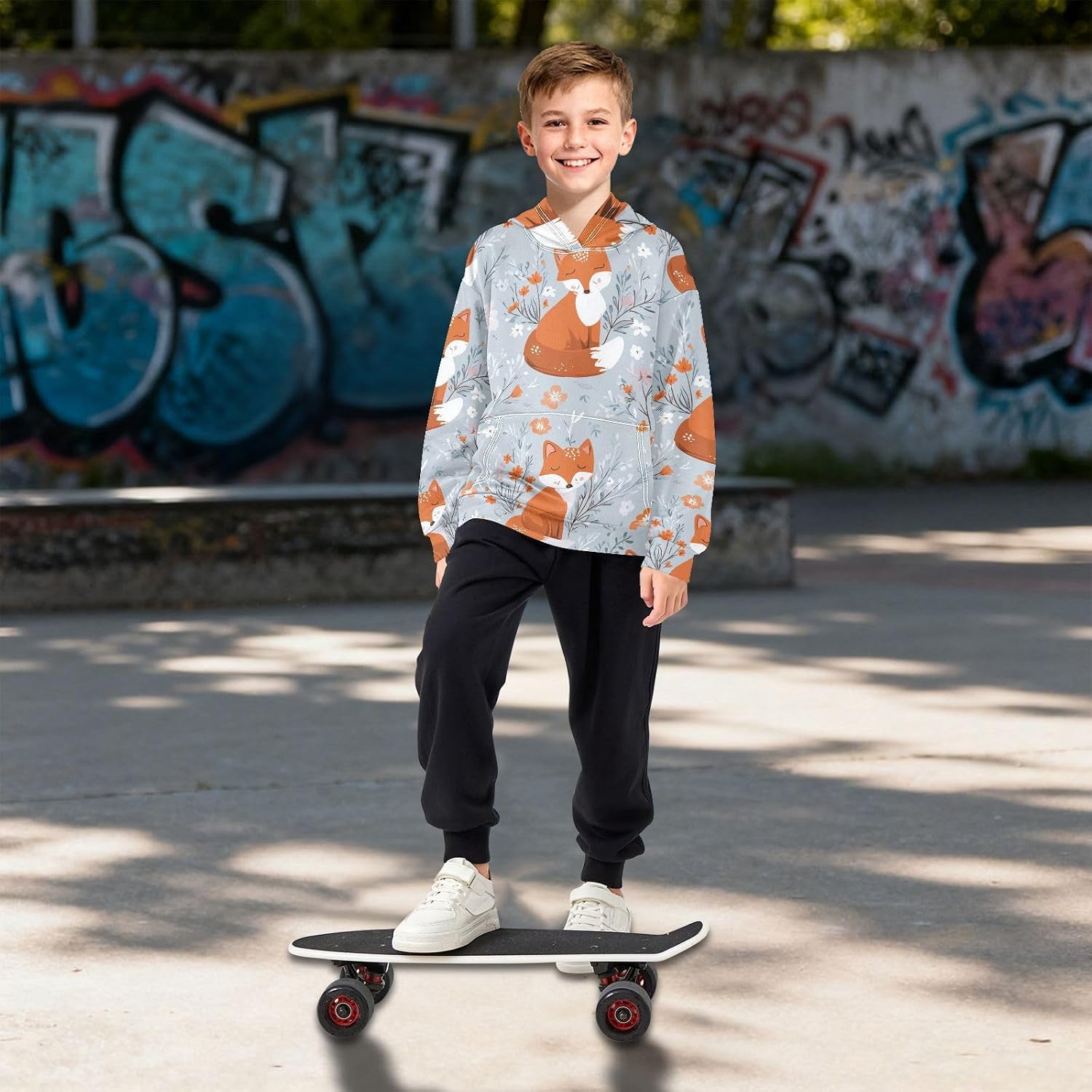 ZZXXB Fox Spring Florals Kids Sweatshirts Boys Girls Hooded Kangaroo Pocket Pullover Tops XS-XXL