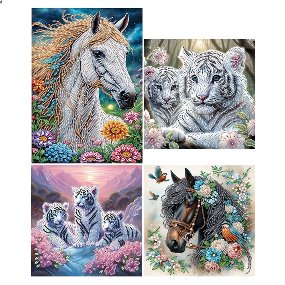 DCIDBEI 4 Pack DIY 5D DIY Diamond Painting Kits Horses Tiger 30 x 30 cm DIY Specially Shaped Diamond Painting Rhinestone Embroidery Cross Stitch Tiger Horses Art Craft Diamond Painting Pictures