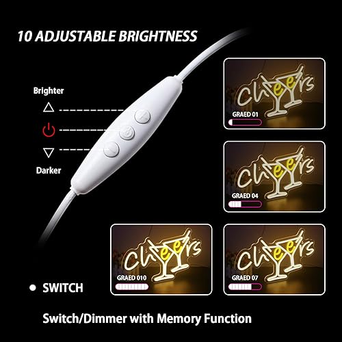 Miniatura 5 de WX&YH Letrero de neón con texto en inglés "Cheers", 10 letreros de neón regulables para decoración de pared, cócteles, luces de neón de vidrio para