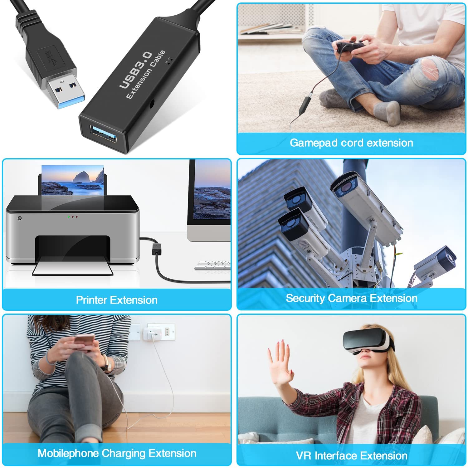 USB 3.0 Active Cable, USB Type A-Male to A-Female Extension Cord Heavy Duty USB 3.0 Active Repeater Extender Wire with AC Power Adapter for Printer, Xbox, Oculus Rift, PS4, 32.8 Feet
