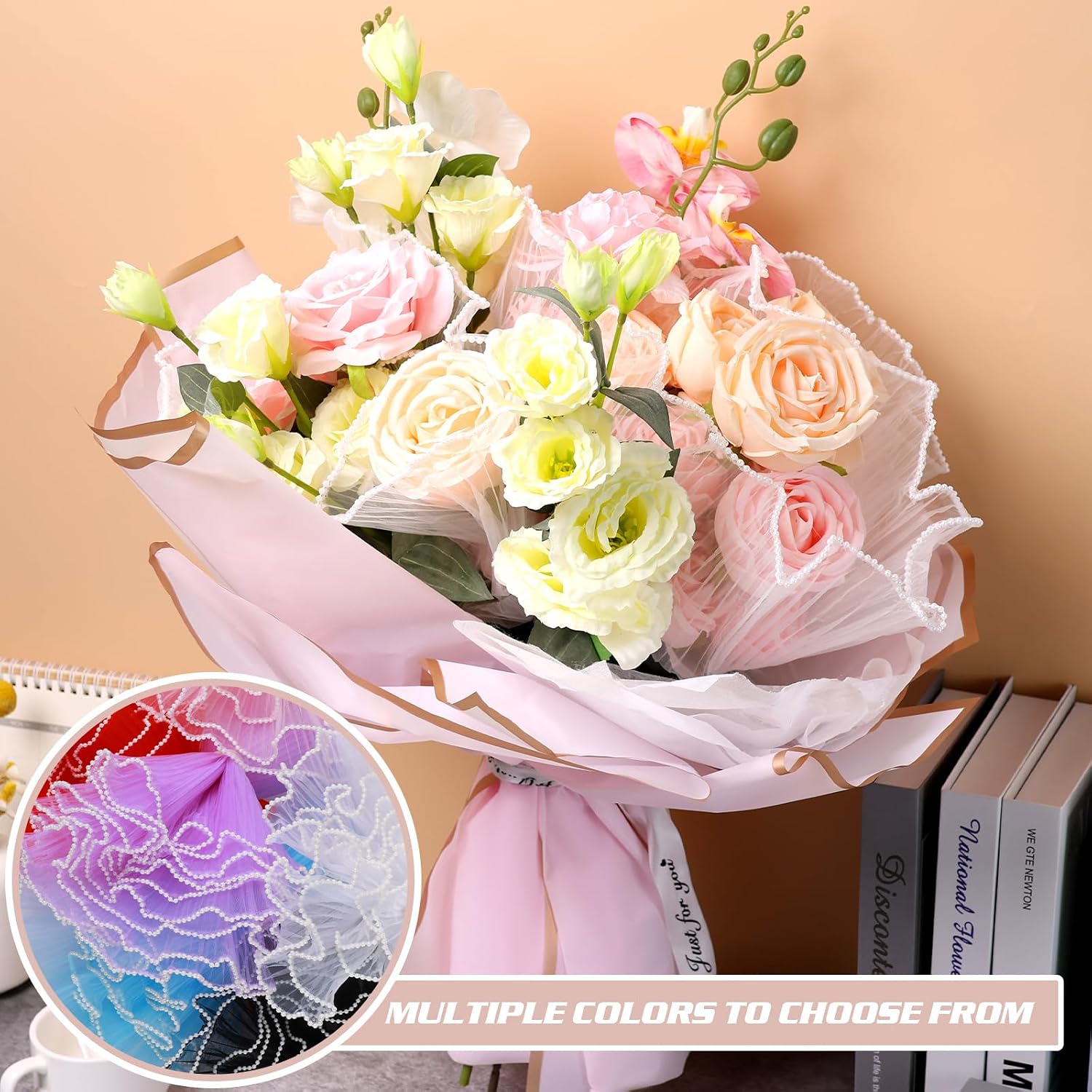6 Pack Flower Wrapping Mesh Paper 26.2 Yards Pearl Edge Bouquet Wrapping Paper Wrinkled Translucent for Mothers Day Florist Supplies Wedding Gift Packaging Graduation Party Favor Decor, 6 Colors