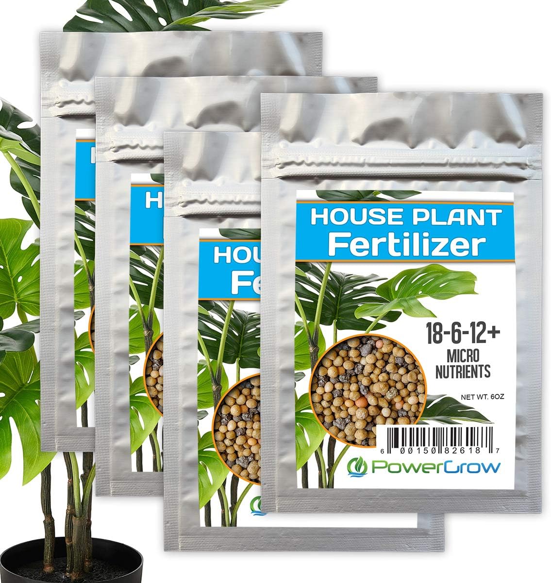 House Plant Fertilizer - Complete Slow Release Formula + Micro Nutrients by PowerGrow - Feeds Houseplants for 8 Months and Includes Over a Year Supply (4-Pack (House Plant Fertilizer Bag))