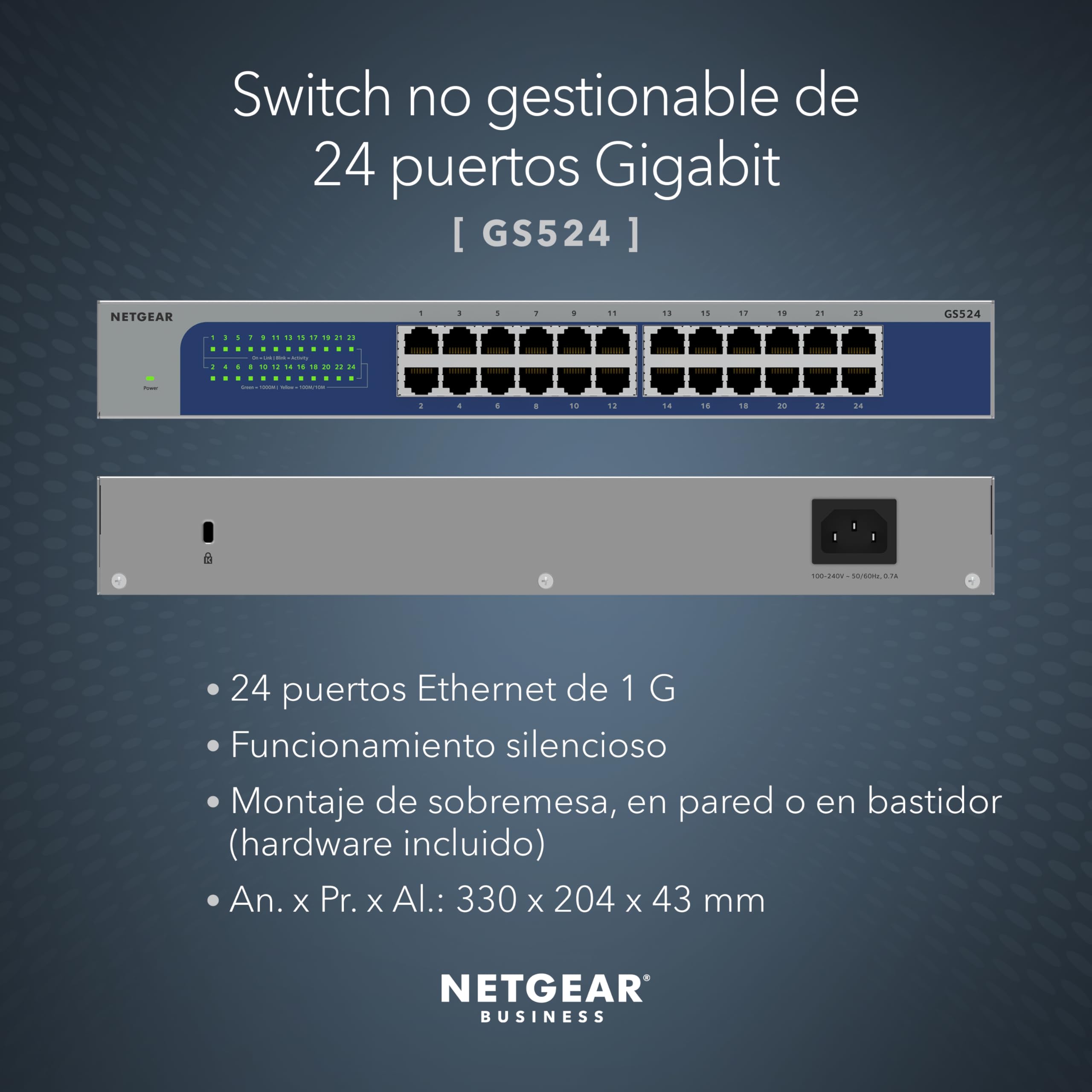 NETGEAR Switch de 24 Puertos Gigabit Ethernet no gestionable (GS524): Montaje de sobremesa, en Pared o en Bastidor y protección de por Vida Limitada
