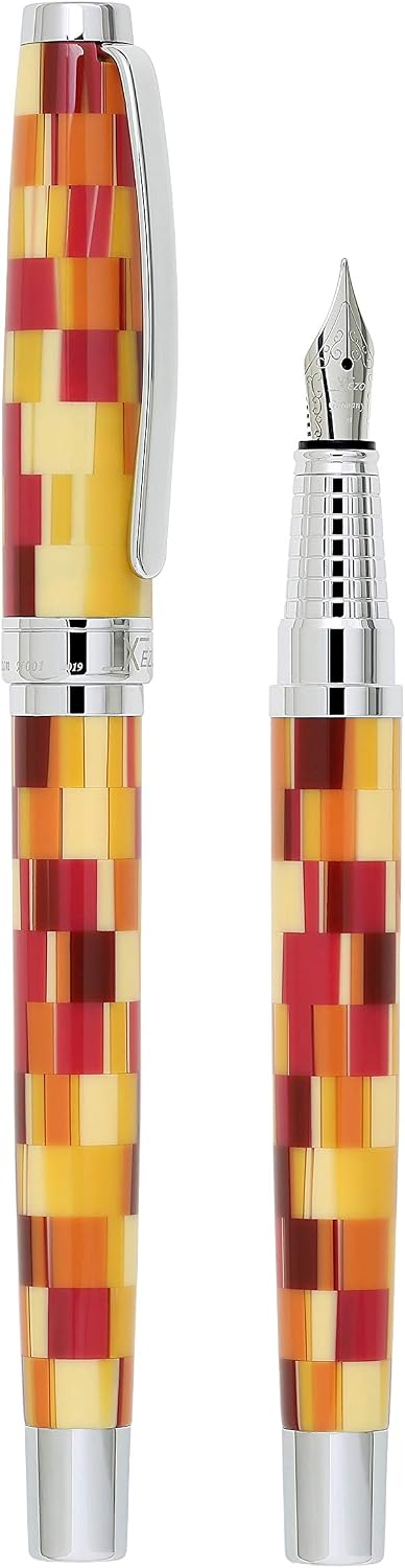 Xezo Urbanite Fountain Pen, Medium Nib. Retro Red, Yellow, Orange, and Cream Acrylic on Brass. Chrome Plated. Limited Edition and Serialized. No Two Alike