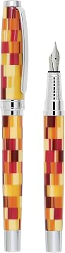 Xezo Urbanite Fountain Pen, Medium Nib. Retro Red, Yellow, Orange, and Cream Acrylic on Brass. Chrome Plated. Limited Edition and Serialized. No Two Alike