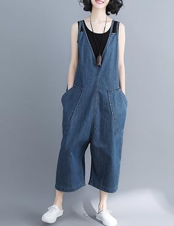 Flygo Women's Casual Overalls Rompers Jeans Denim Cropped Pants Wide Leg Low Crotch Big Pockets