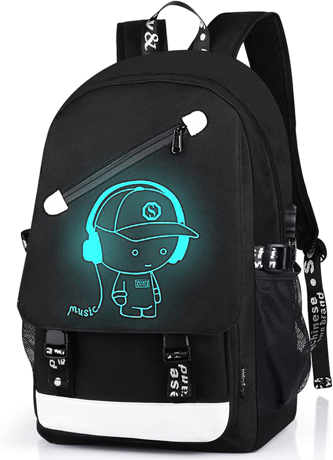 School Backpack for Boys, Cartoon Luminous Bookbag 15.6inch Laptop Bag with USB Charging Port - Music Black