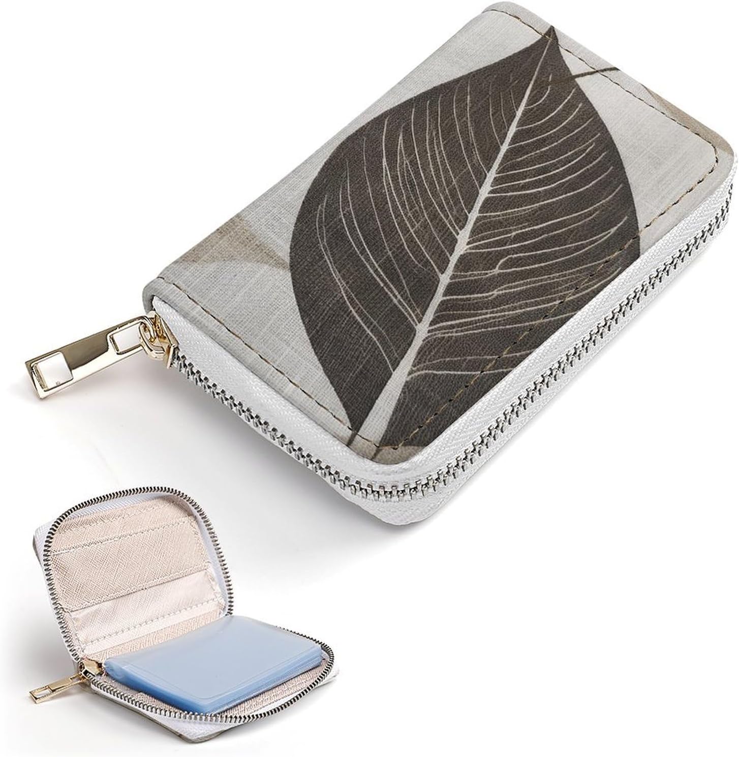 Leather Card Organizer Case Card Wallet Credit Card Holder White Leaf Pattern Printed Zipper Card Cases Holder for Women Men