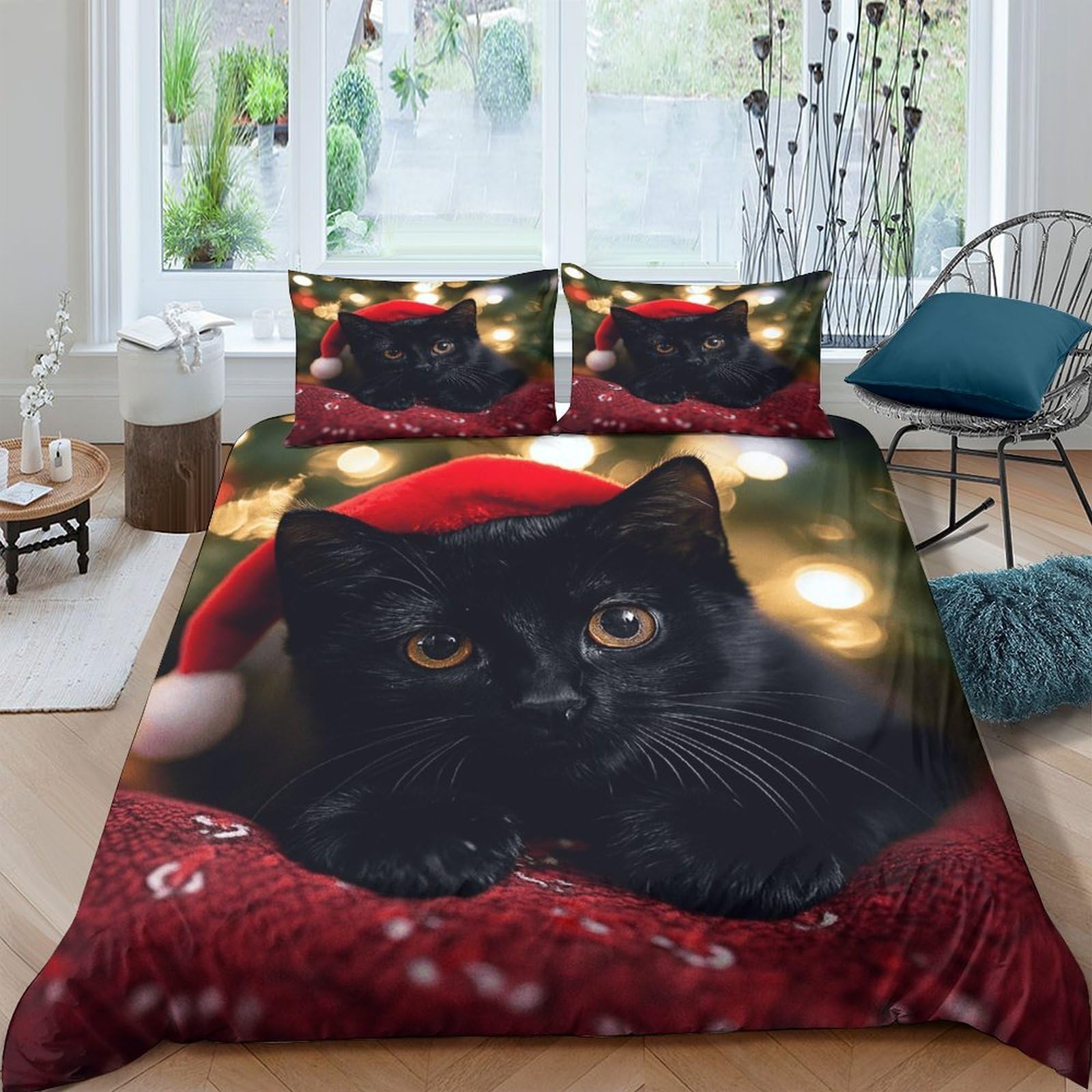 Ctjqhvkz Style-1 3D Printed Black Cat Christmas Fitted Sheet Microfiber Soft Red Santa Hat Bed Cover For Bedroom Guest Room Mattress Protection Single（135X200cm）