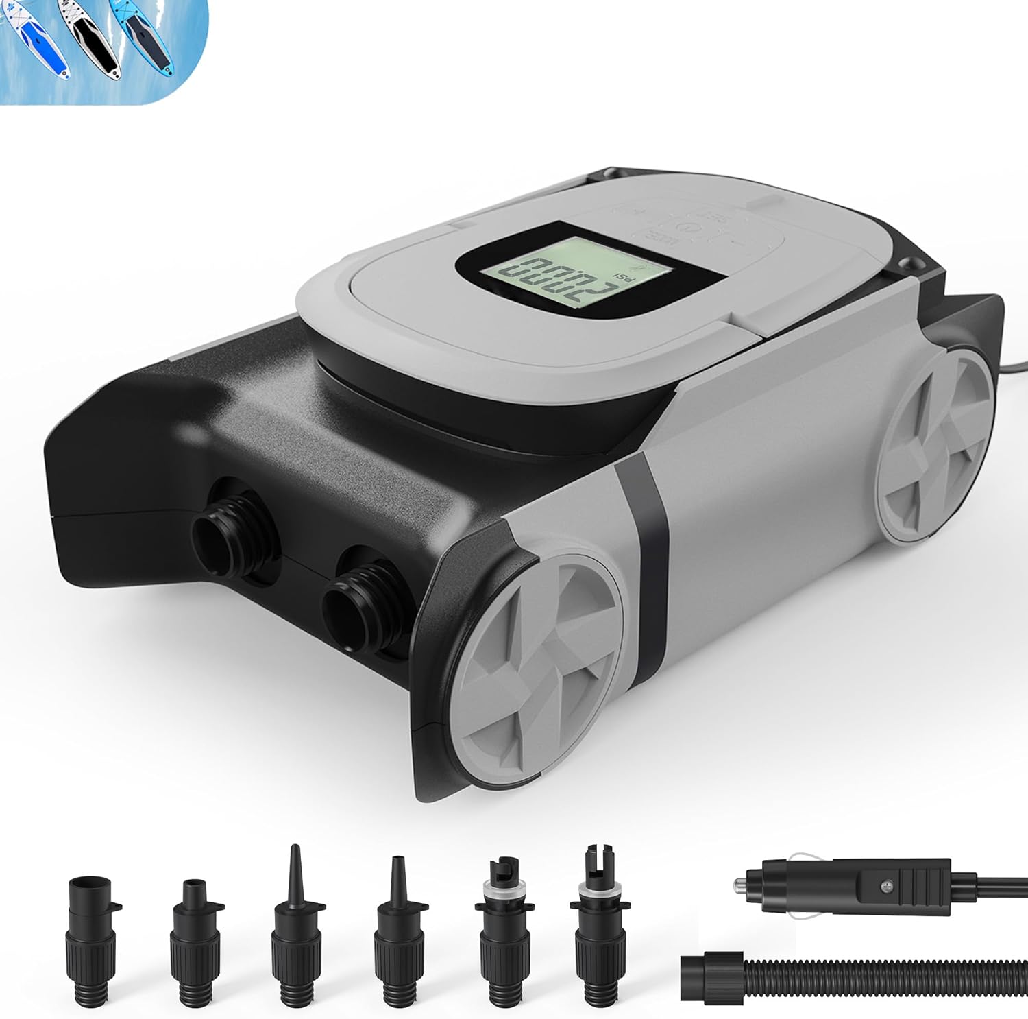 GICLE Paddle Board Pump Electric with Auto-Off Function Dual Motor for Inflatable SUP and Boat, Portable Electric Air Pump for Paddleboard with Car Power Connector and Kayak Accessories (DC12V 22PSI)