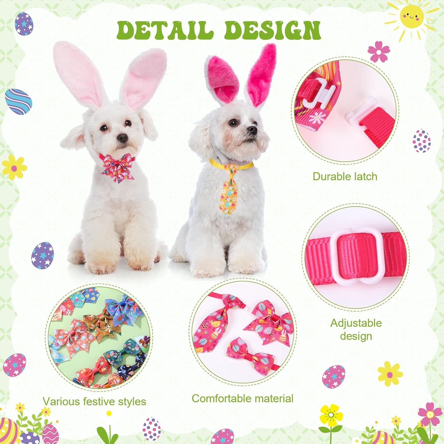 Reginary 100 Pieces Easter Dog Bow Tie Collar Set Include 40 Easter Dog Neckties, and 30 Puppy Bowties, 30 Collar Flowers, Adjustable Pet Ties Grooming for Small Medium Cats Pets Supply