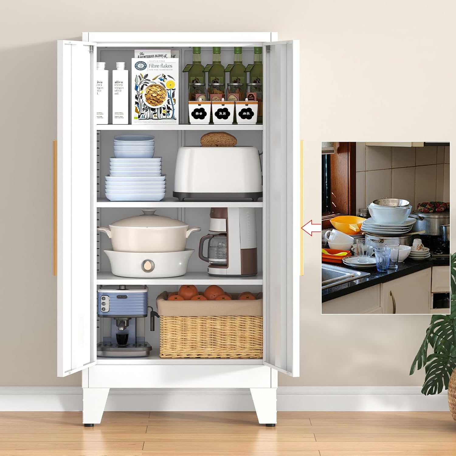 47.3" Metal Kitchen Pantry Storage Cabinet with 3 Adjustable Shelves & 2 Doors, Freestanding Organizer Cabinet for Kitchen, Bathroom, Diningroom（White）