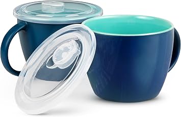 KooK Ceramic Soup Mug Set with Lid & Handles, 25 Oz Microwave-Safe Bowls for Cereal, Overnight Oats, Coffee, Travel Use, Navy/Jade, Pack of 2