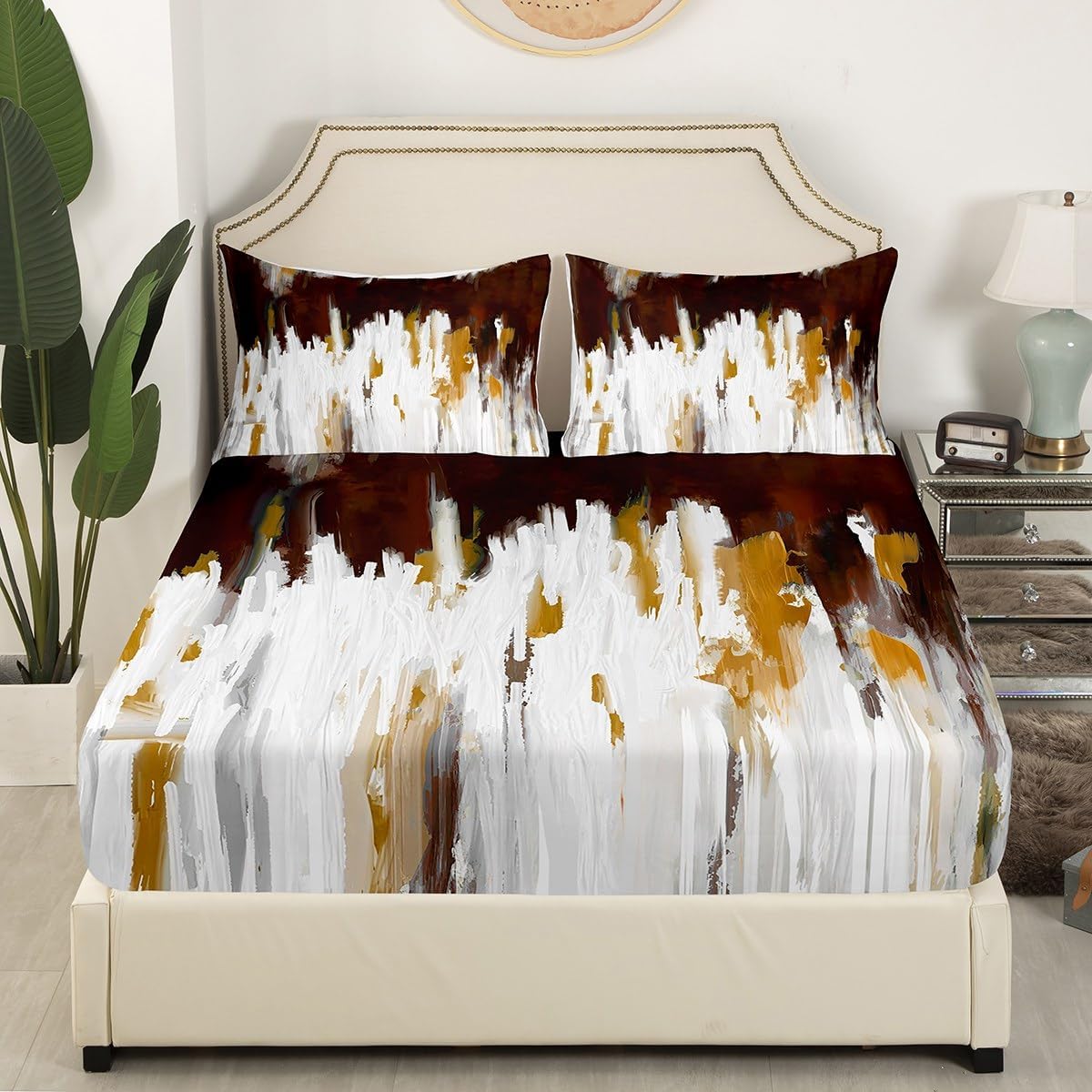 Erosebridal Mahogany Sheet Set King,Abstract Oil Painting Striped Sheets Watercolor Brush Strokes Ombre Bed Sheets Set,Modern Contemporary Room Decor