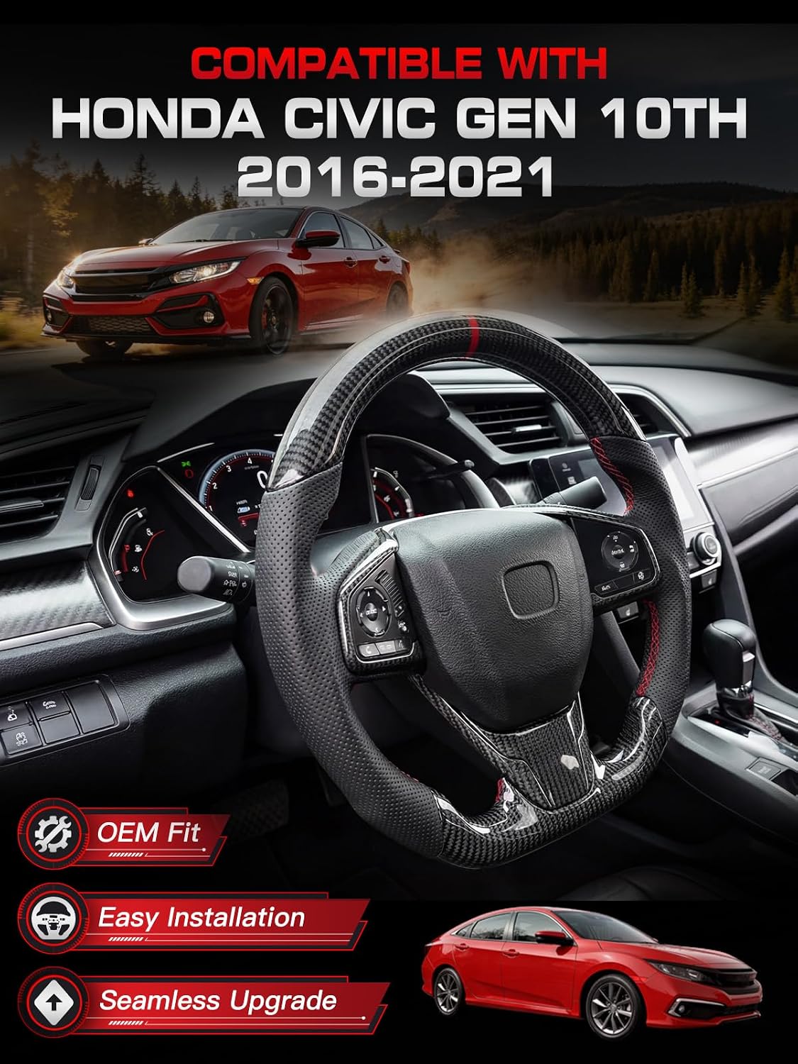 Real Carbon Fiber D-Shaped Steering Wheel,With Trim Replacement for Honda Civic 10th Gen 2016-2021 & Type R FK8, Hand-Stitched Perforated Leather,Non-Heated