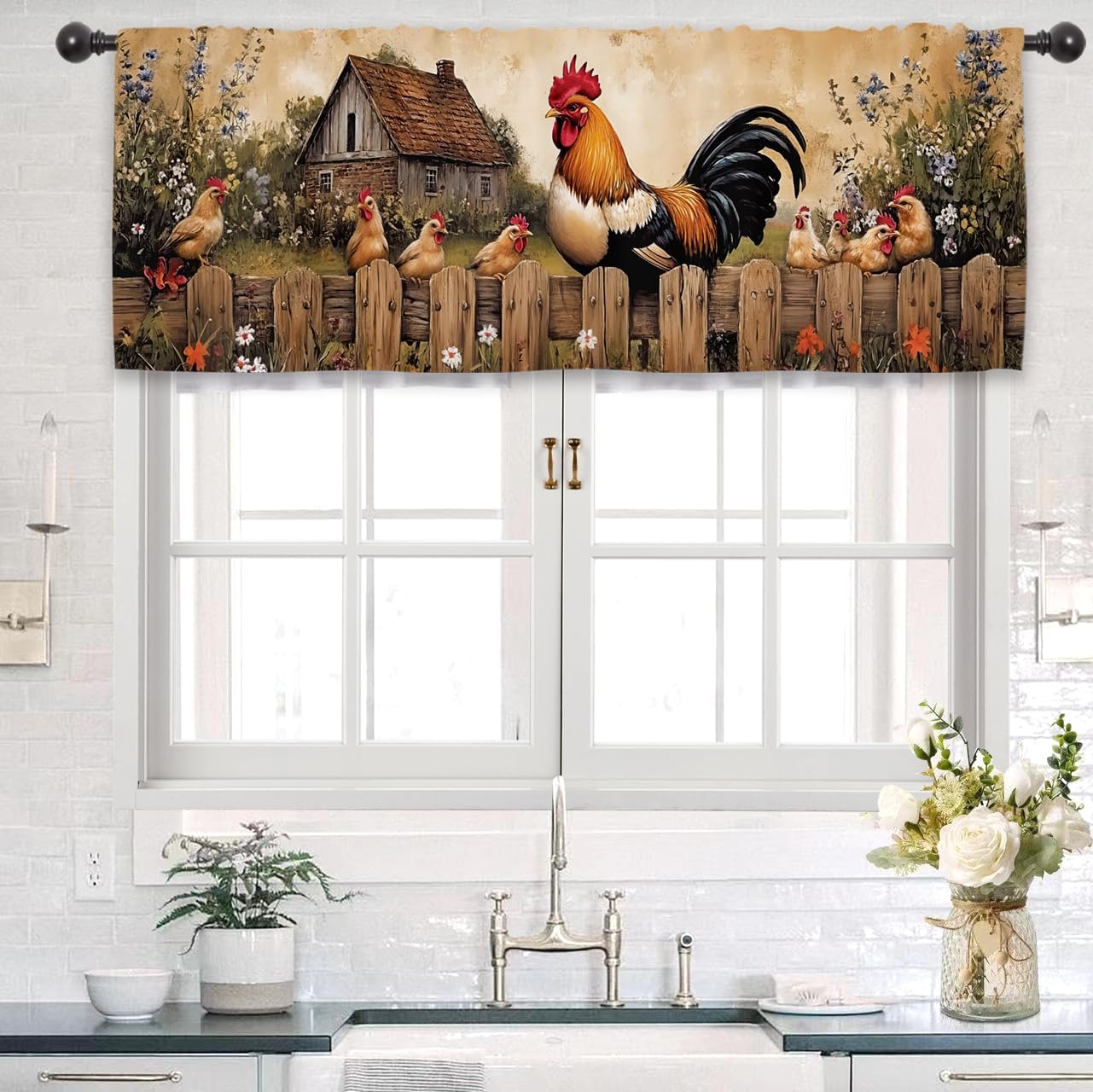 Rustic Farm Rooster Kitchen Curtain Valance 54W x 18L Inch Retro Chicken Vintage Farmhouse Rural Country Rod Pocket Short Cafe Small Window Treatment Drapes Decor