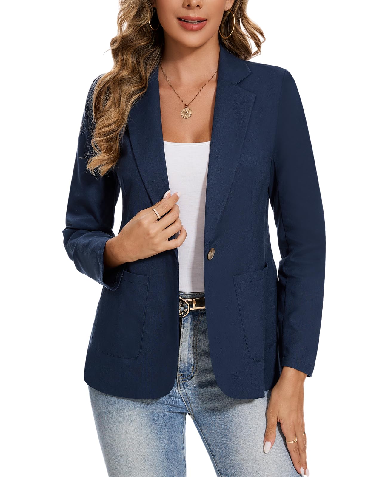 Blazer da donna in cotone e lino a maniche lunghe e blazer con colletto a tacca giacca slim fit giacca casual lavoro ufficio cappotto